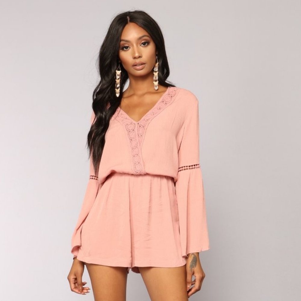 Papaya Coral Pink Crochet Bell Sleeve Romper